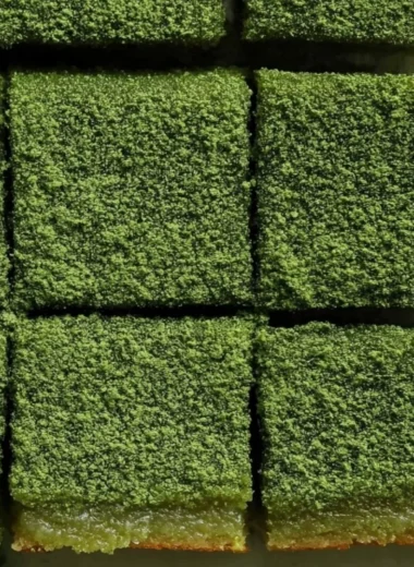 Delicious matcha mochi brownies with a chewy texture and vibrant green color