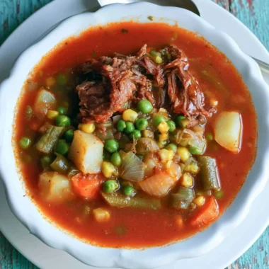 Bowl of delicious vegetable beef soup made with fresh ingredients