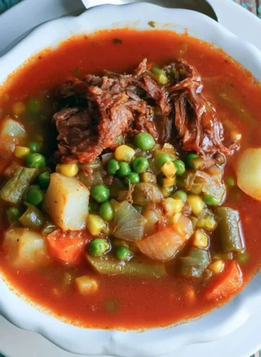 Bowl of delicious vegetable beef soup made with fresh ingredients
