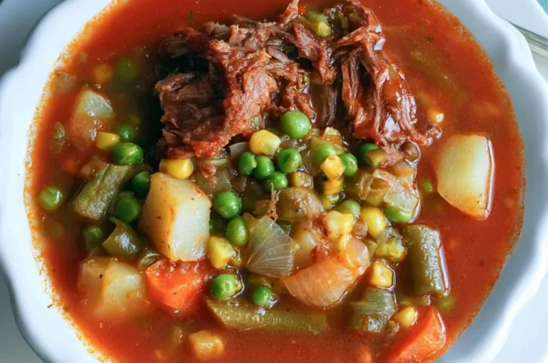 Bowl of delicious vegetable beef soup made with fresh ingredients