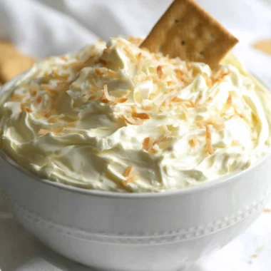 Delicious no bake coconut cream pie dip served with graham crackers.