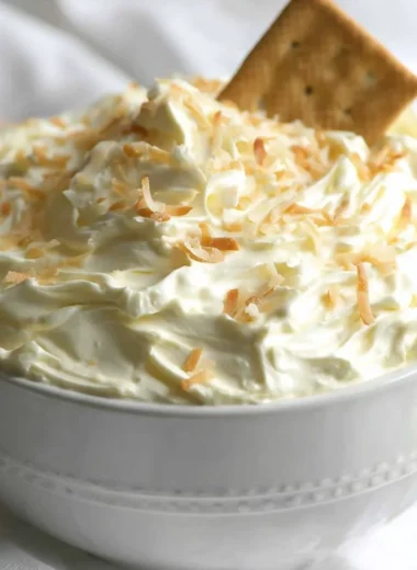 Delicious no bake coconut cream pie dip served with graham crackers.
