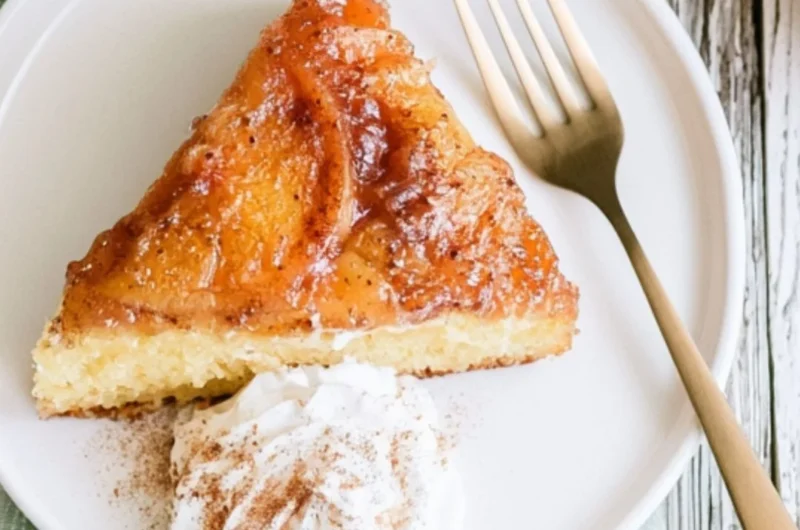 Delicious Peach Upside Down Cake topped with caramelized peaches.