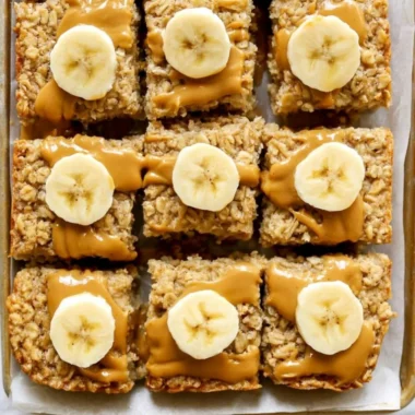 Peanut Butter Banana Baked Oatmeal fresh out of the oven topped with banana slices.