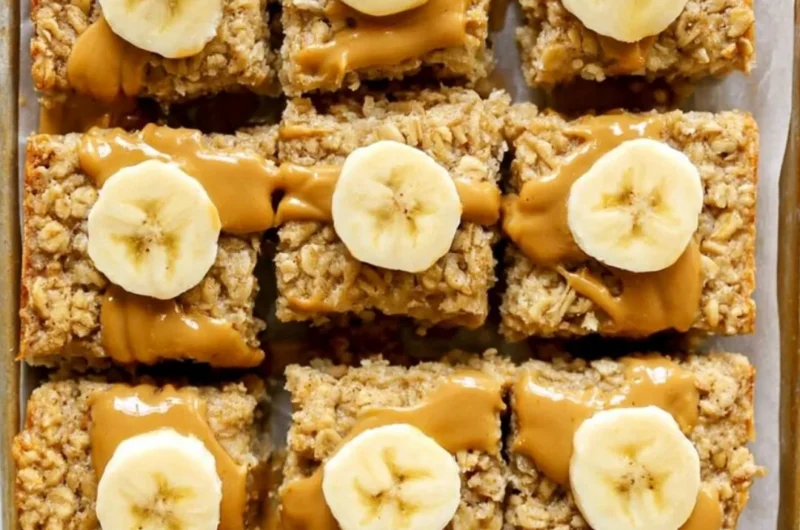 Delicious Peanut Butter Banana Baked Oatmeal served in a bowl with sliced bananas on top