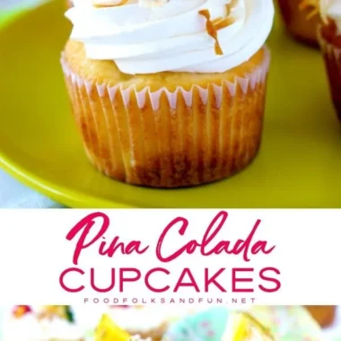 Delicious Pina Colada Cupcakes topped with coconut frosting and pineapple
