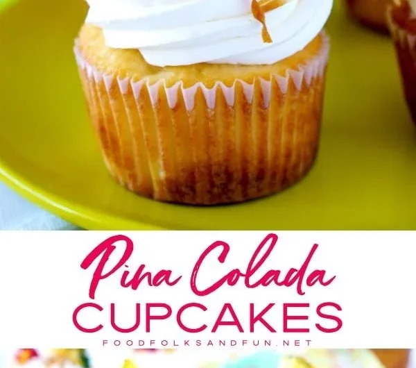 Delicious Pina Colada Cupcakes topped with coconut frosting and pineapple
