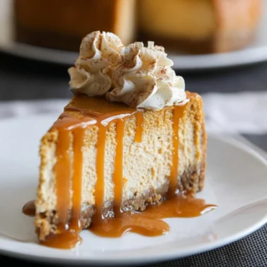 Delicious pumpkin cheesecake without a water bath, topped with whipped cream.