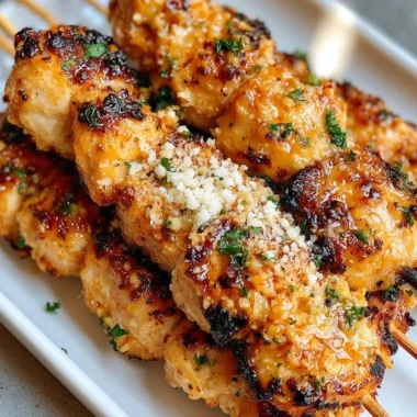 Grilled Ranch Garlic Parmesan Chicken Skewers ready for serving