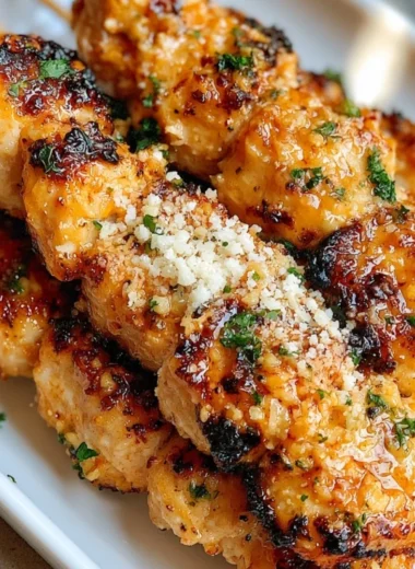 Grilled Ranch Garlic Parmesan Chicken Skewers ready for serving