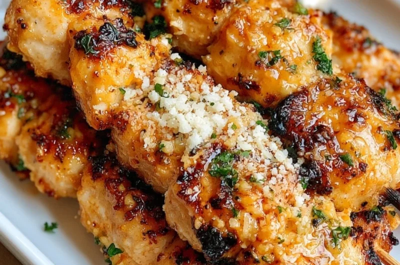 Grilled Ranch Garlic Parmesan Chicken Skewers ready for serving