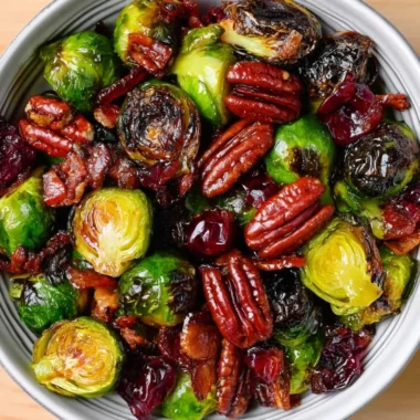 Plate of Roasted Brussels Sprouts with bacon, toasted pecans, and cranberries.
