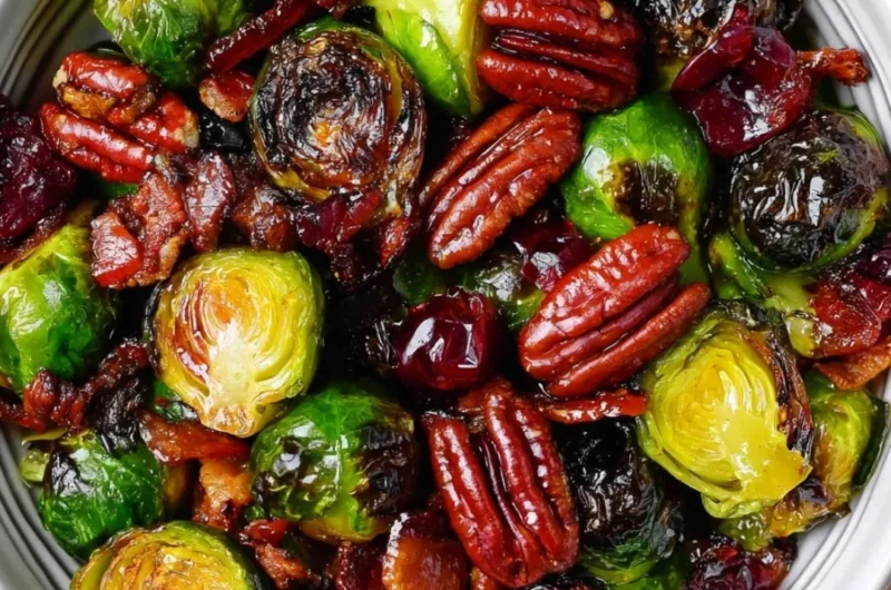 Plate of Roasted Brussels Sprouts with bacon, toasted pecans, and cranberries.