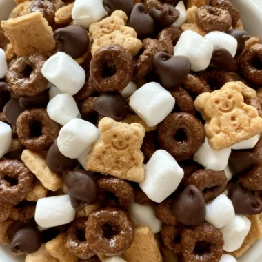 Delicious S'mores Trail Mix with chocolate, marshmallows, and graham crackers.
