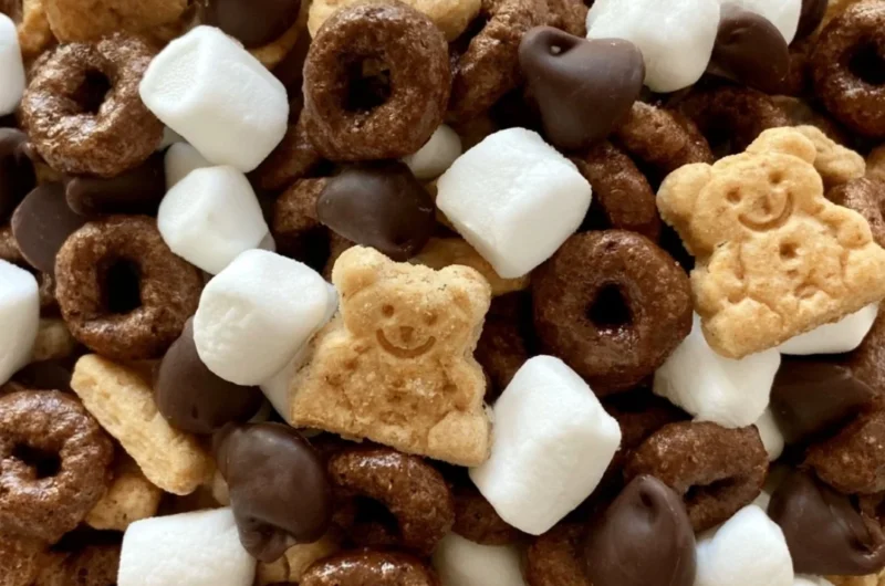 Delicious S'mores Trail Mix with chocolate, marshmallows, and graham crackers.