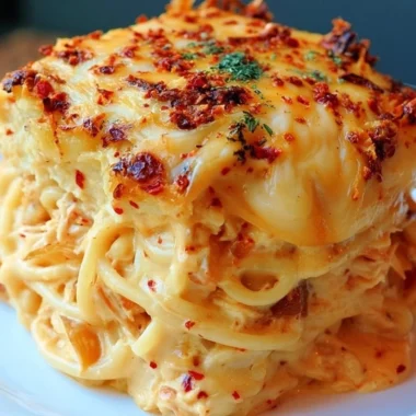Spicy southern cheesy chicken spaghetti casserole topped with cheese and herbs.
