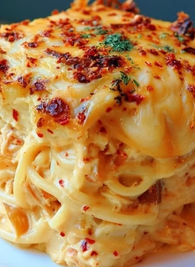 Spicy southern cheesy chicken spaghetti casserole topped with cheese and herbs.