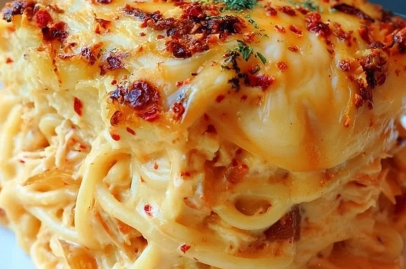 Spicy southern cheesy chicken spaghetti casserole topped with cheese and herbs.
