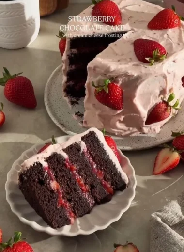 Slice of Strawberry Chocolate Cake with fresh strawberries and chocolate frosting