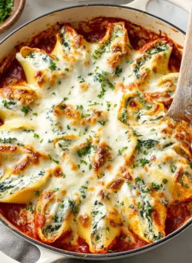 Delicious plate of stuffed shells with cheese and marinara sauce