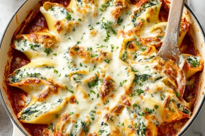 Delicious plate of stuffed shells with cheese and marinara sauce