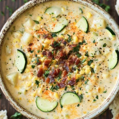 Bowl of creamy Summer Corn Zucchini Chowder topped with fresh herbs