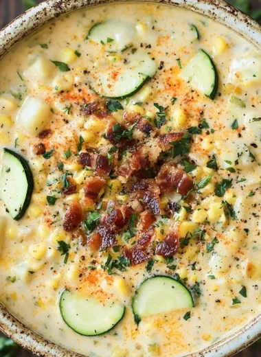 Bowl of creamy Summer Corn Zucchini Chowder topped with fresh herbs