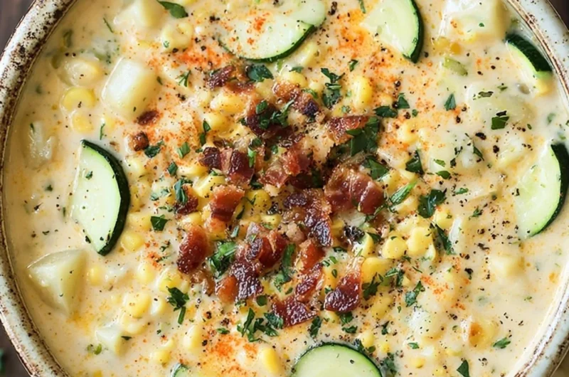 Bowl of creamy Summer Corn Zucchini Chowder topped with fresh herbs