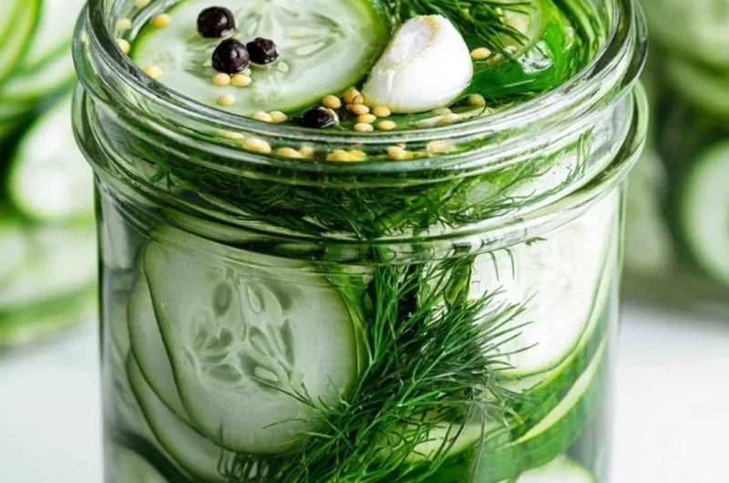 Homemade super easy refrigerator dill pickles in a glass jar on a wooden table