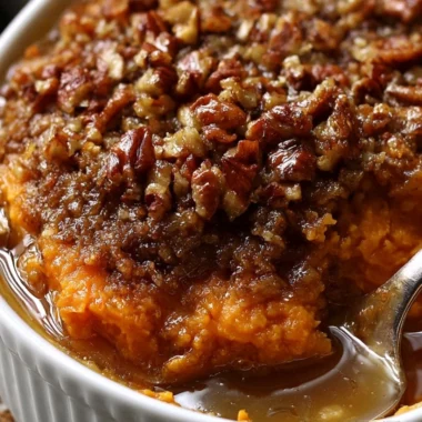 Delicious homemade sweet potato casserole topped with marshmallows and pecans.