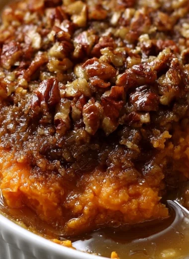 Delicious homemade sweet potato casserole topped with marshmallows and pecans.