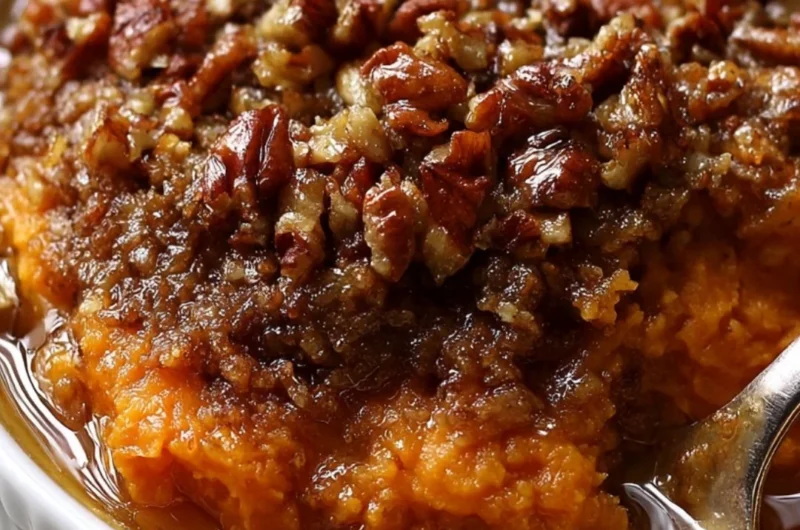 Delicious homemade sweet potato casserole topped with marshmallows and pecans.