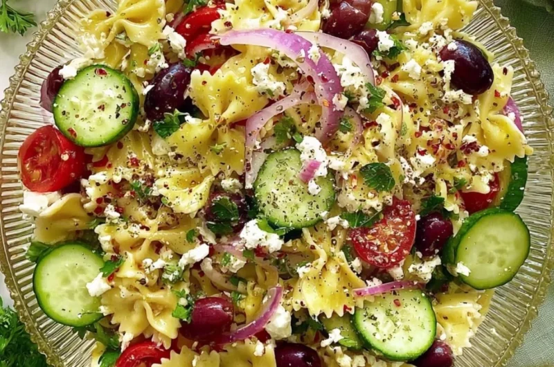 Delicious Tangy Mediterranean Pasta Salad with fresh vegetables and feta cheese