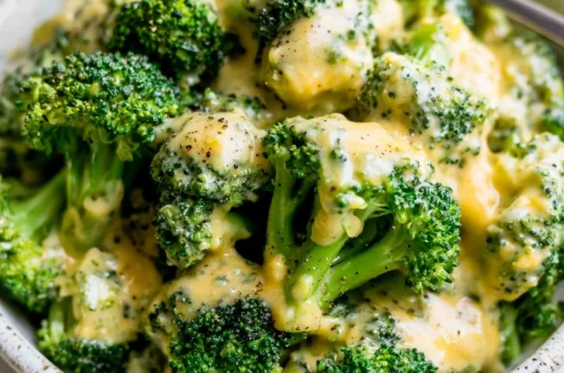 Delicious cheesy broccoli dish topped with melted cheese