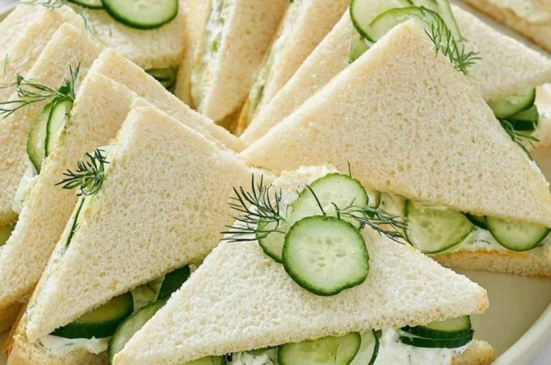 Plate of fresh cucumber sandwiches served with tuna and tomato slices.