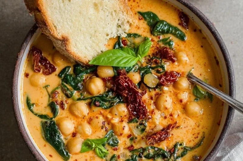 Bowl of Tuscan garbanzo bean soup topped with fresh herbs