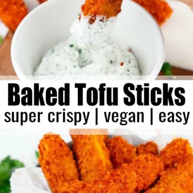 Delicious vegan baked tofu sticks served with dipping sauce