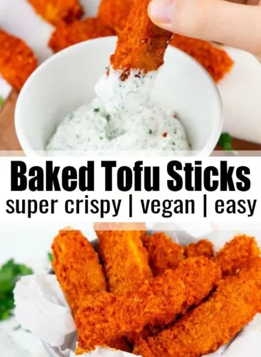 Delicious vegan baked tofu sticks served with dipping sauce