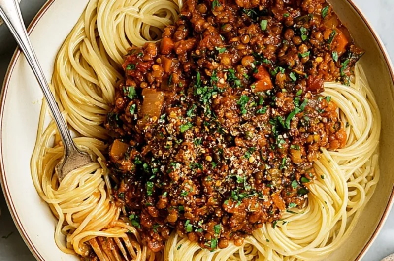 Delicious vegan lentil bolognese served with pasta and fresh herbs