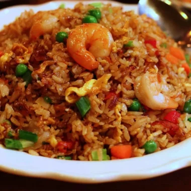 Plate of Asian restaurant-inspired fried rice with vegetables and eggs