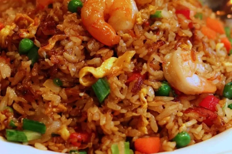 Plate of Asian restaurant-inspired fried rice with vegetables and eggs