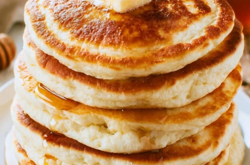 Stack of fluffy pancakes served with maple syrup and fresh berries