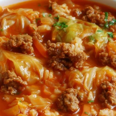 Bowl of delicious cabbage roll soup garnished with herbs