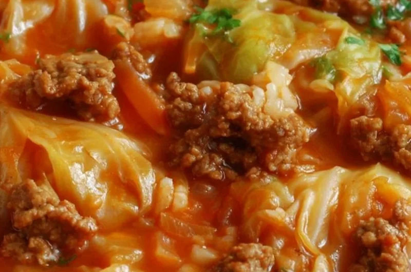 Bowl of delicious cabbage roll soup garnished with herbs