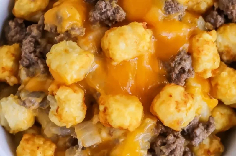 Delicious cheesy Tater Tot Casserole topped with crispy tater tots
