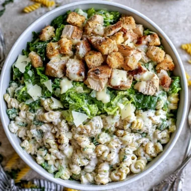 Delicious Chicken Caesar Pasta Salad served in a bowl with fresh ingredients.