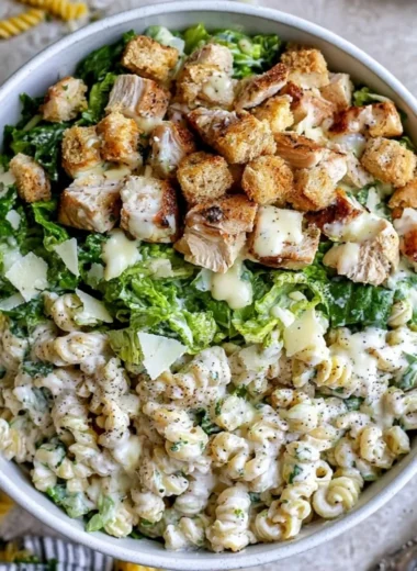 Delicious Chicken Caesar Pasta Salad served in a bowl with fresh ingredients.