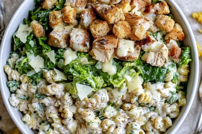 Delicious Chicken Caesar Pasta Salad served in a bowl with fresh ingredients.