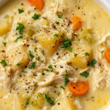 Delicious Chicken Pot Pie Soup in a bowl, garnished with parsley.