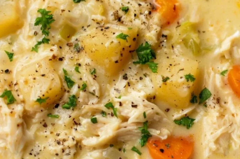 Delicious Chicken Pot Pie Soup in a bowl, garnished with parsley.